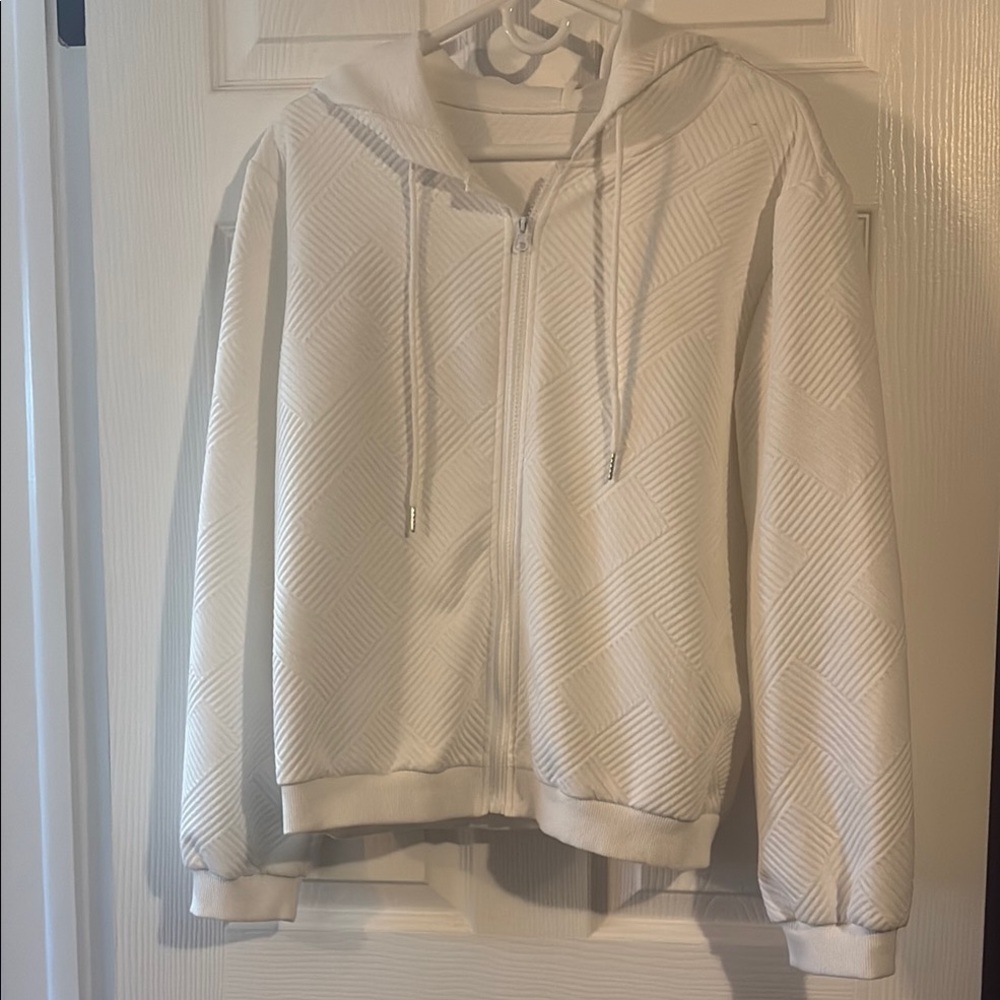 Textured White Zip-Up Hoodie
